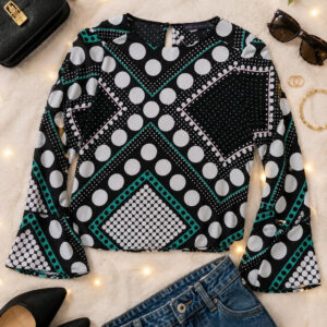 M&S Geometric Polka Dot Blouse UK 10 Bell Sleeve Retro Mod 60s 70s Monochrome