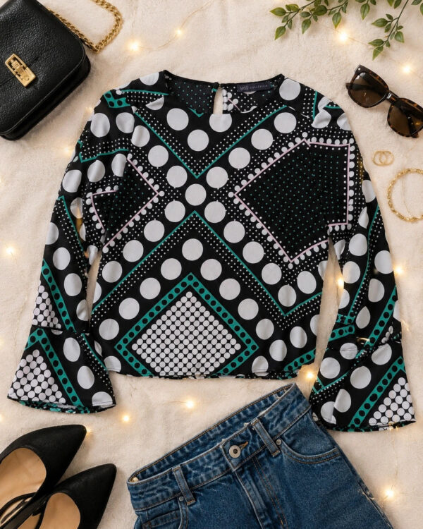 M&S Geometric Polka Dot Blouse UK 10 Bell Sleeve Retro Mod 60s 70s Monochrome