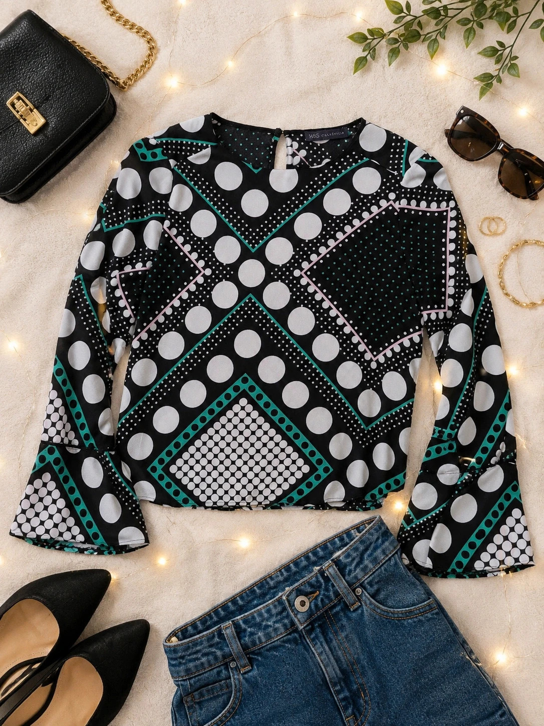 M&S Geometric Polka Dot Blouse UK 10 Bell Sleeve Retro Mod 60s 70s Monochrome