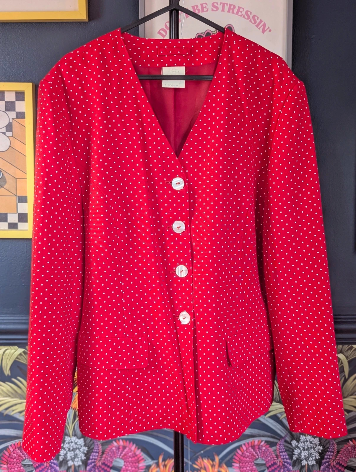 Vintage 80s Red Polka Dot Blazer Jacket UK 12–14 White Spot Smart Retro - Image 2