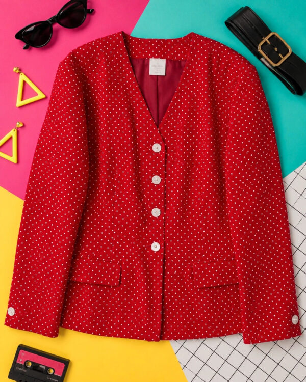 Vintage 80s Red Polka Dot Blazer Jacket UK 12–14 White Spot Smart Retro