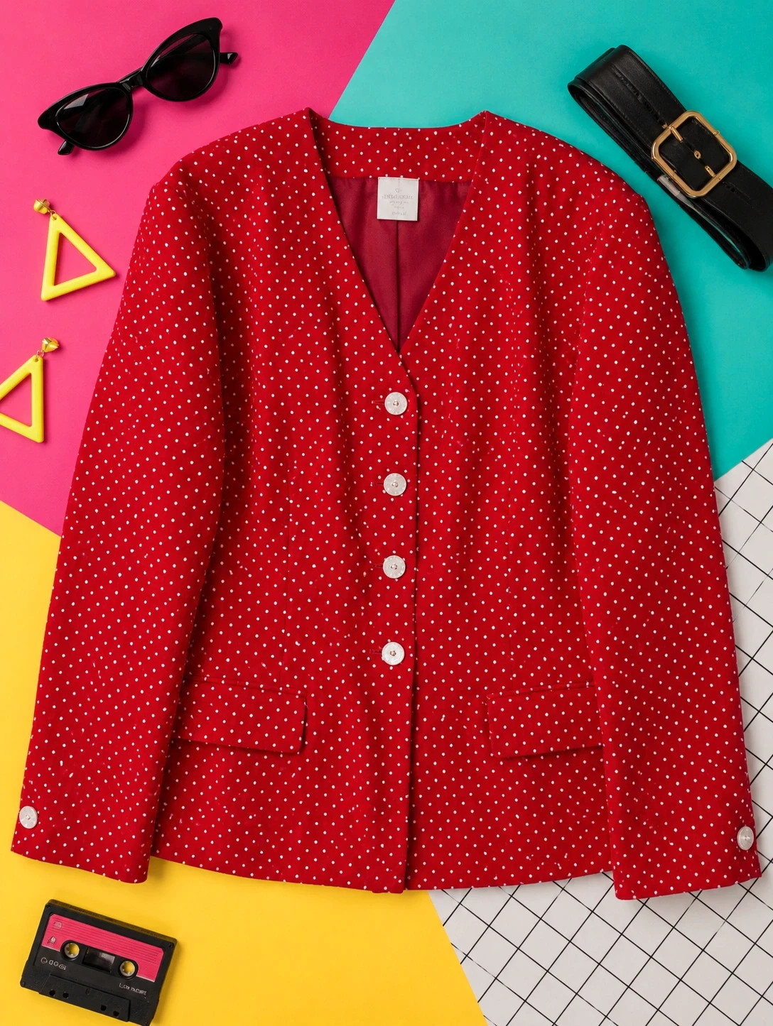 Vintage 80s Red Polka Dot Blazer Jacket UK 12–14 White Spot Smart Retro