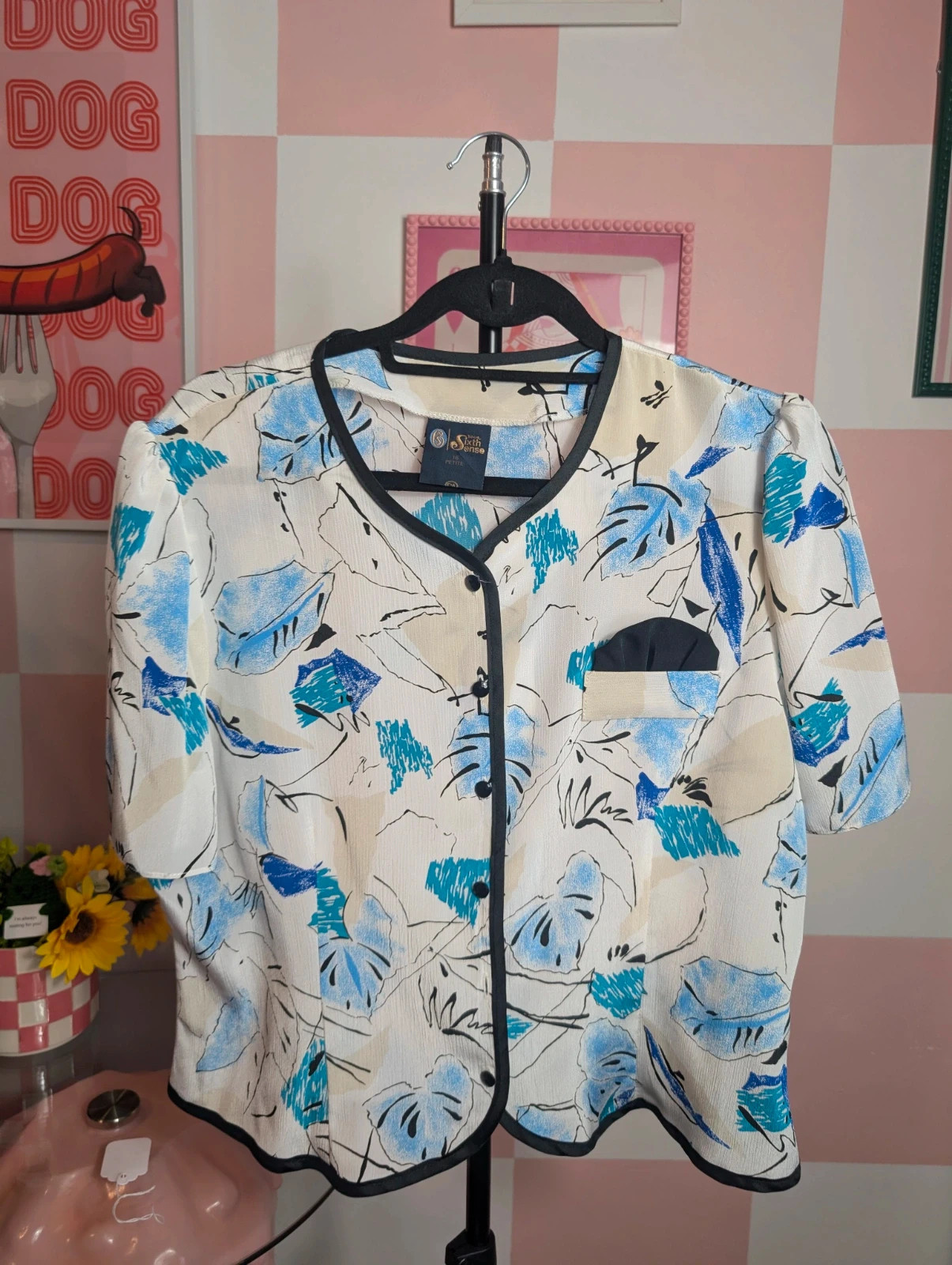 Vintage 80s 90s Sixth Sense Blouse Jacket UK 12-14 Petite Blue Abstract Print - Image 2