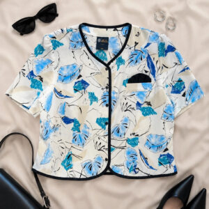 Vintage 80s 90s Sixth Sense Blouse Jacket UK 12-14 Petite Blue Abstract Print