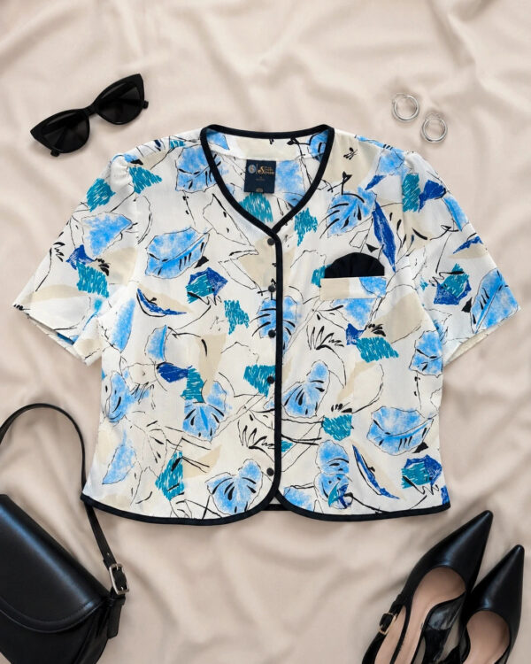 Vintage 80s 90s Sixth Sense Blouse Jacket UK 12-14 Petite Blue Abstract Print