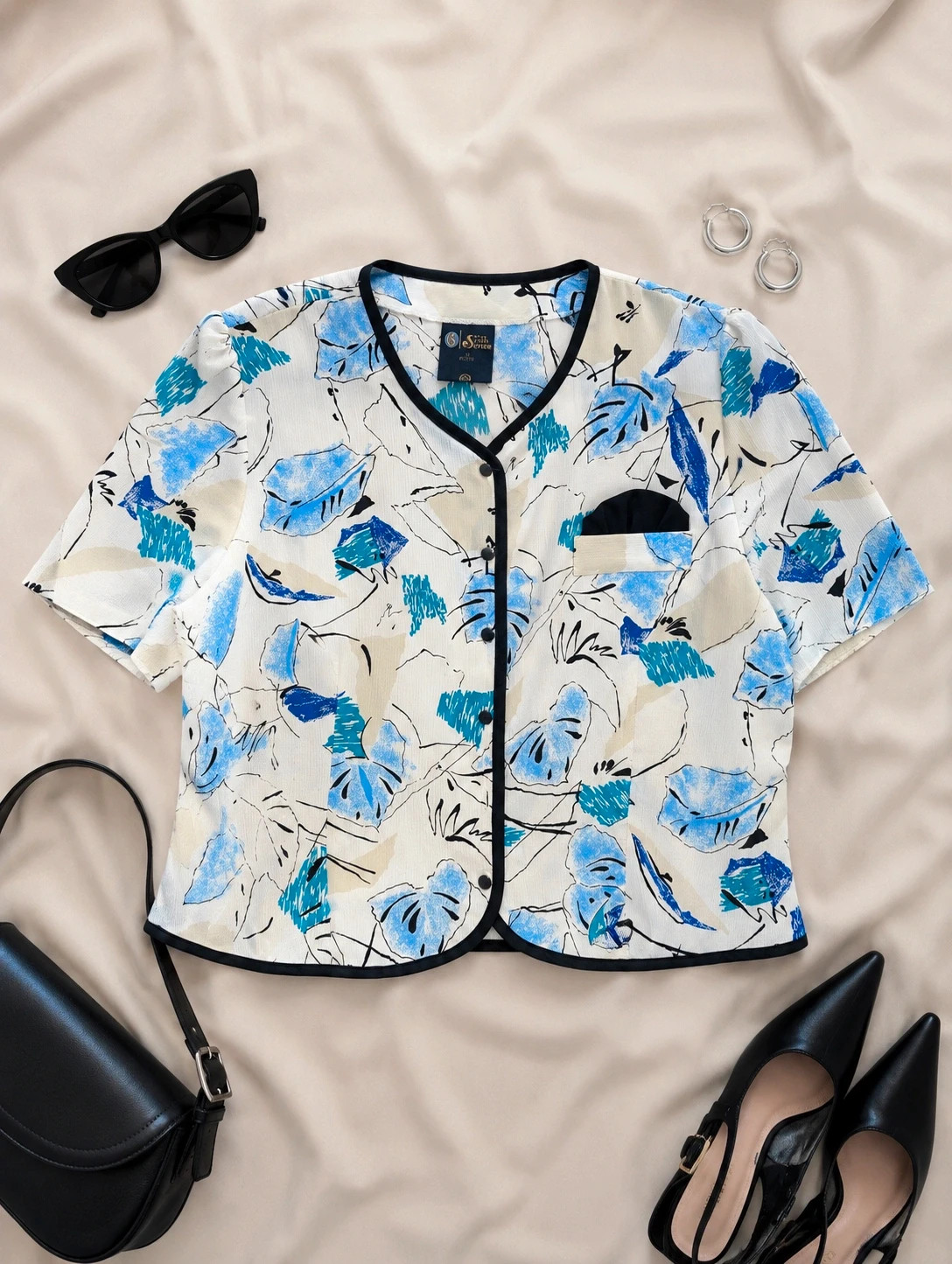 Vintage 80s 90s Sixth Sense Blouse Jacket UK 12-14 Petite Blue Abstract Print