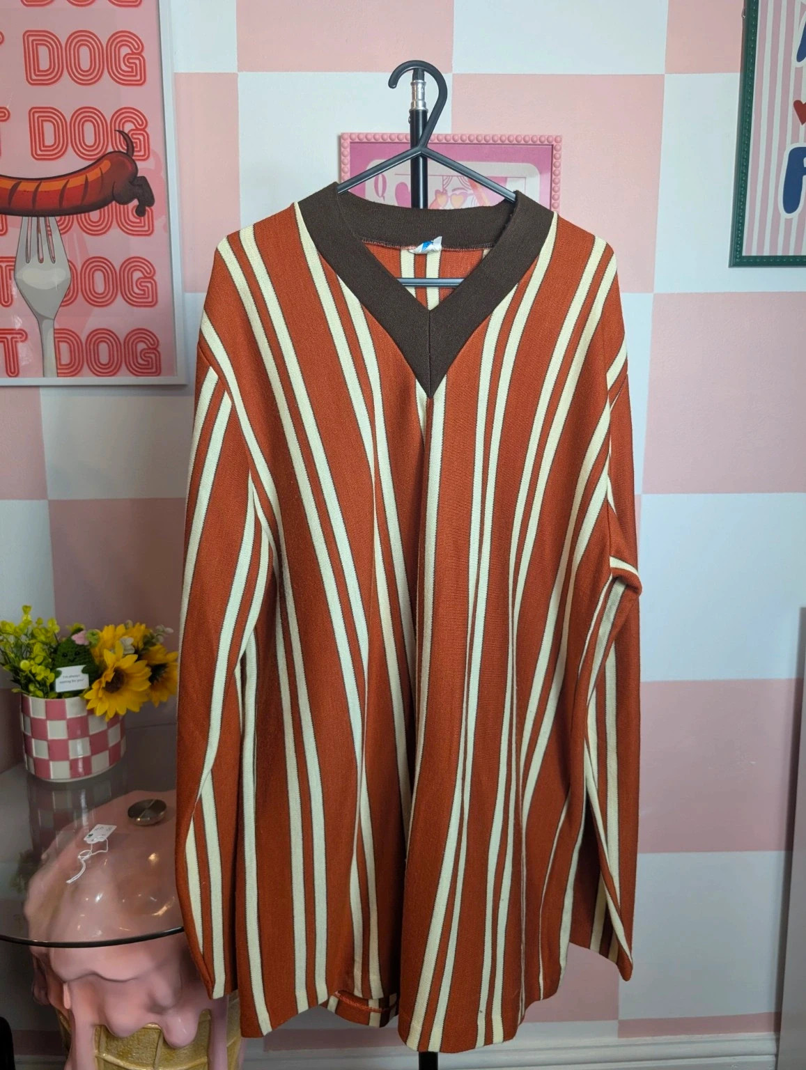 True Vintage 70s Striped V Neck Jumper UK 14 Brown Cream Retro Knit - Image 2