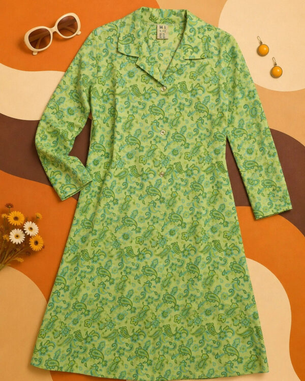 Vintage 70s Green Paisley Midi House Dress UK 12-14 Button Front