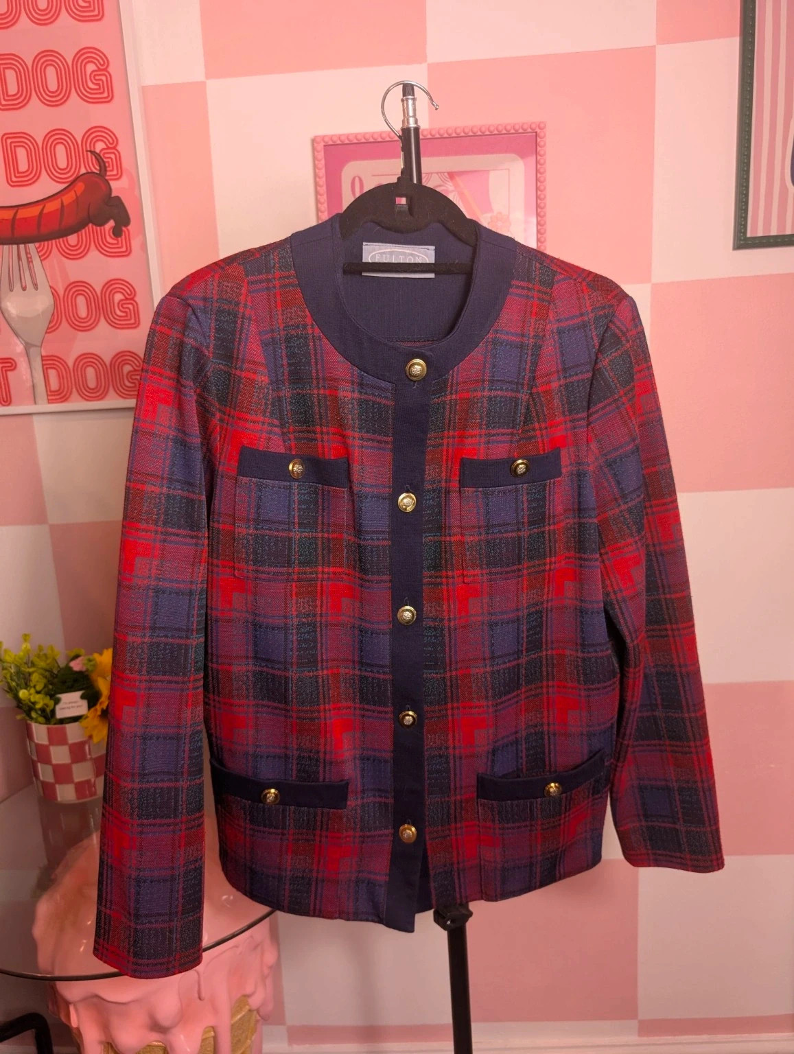 Vintage 90s Fulton Tartan Collarless Jacket UK 14-16 Gold Buttons - Image 2
