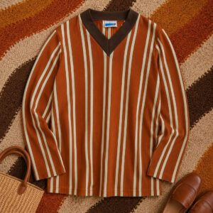 True Vintage 70s Striped V Neck Jumper UK 14 Brown Cream Retro Knit