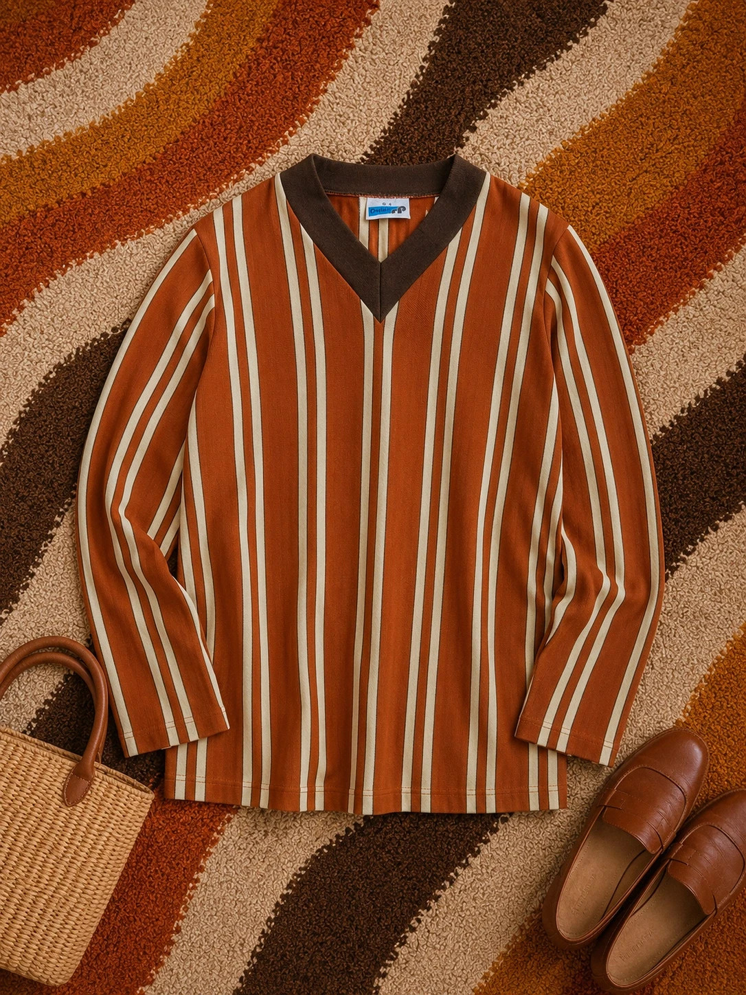 True Vintage 70s Striped V Neck Jumper UK 14 Brown Cream Retro Knit