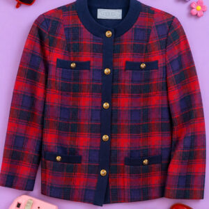 Vintage 90s Fulton Tartan Collarless Jacket UK 14-16 Gold Buttons