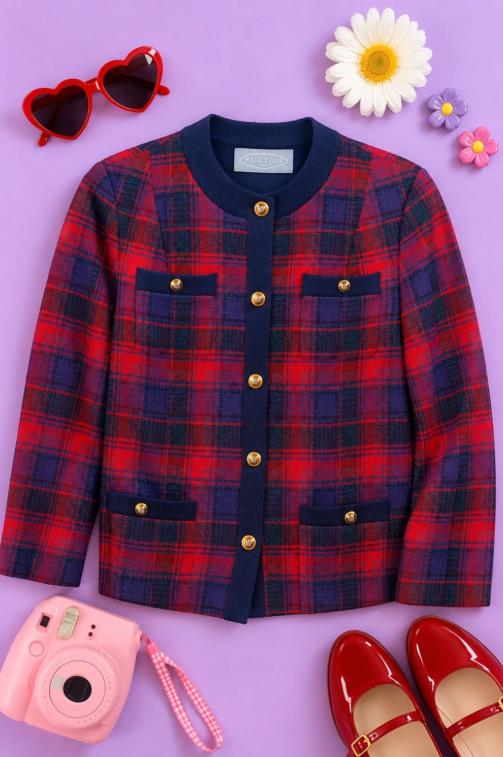 Vintage 90s Fulton Tartan Collarless Jacket UK 14-16 Gold Buttons