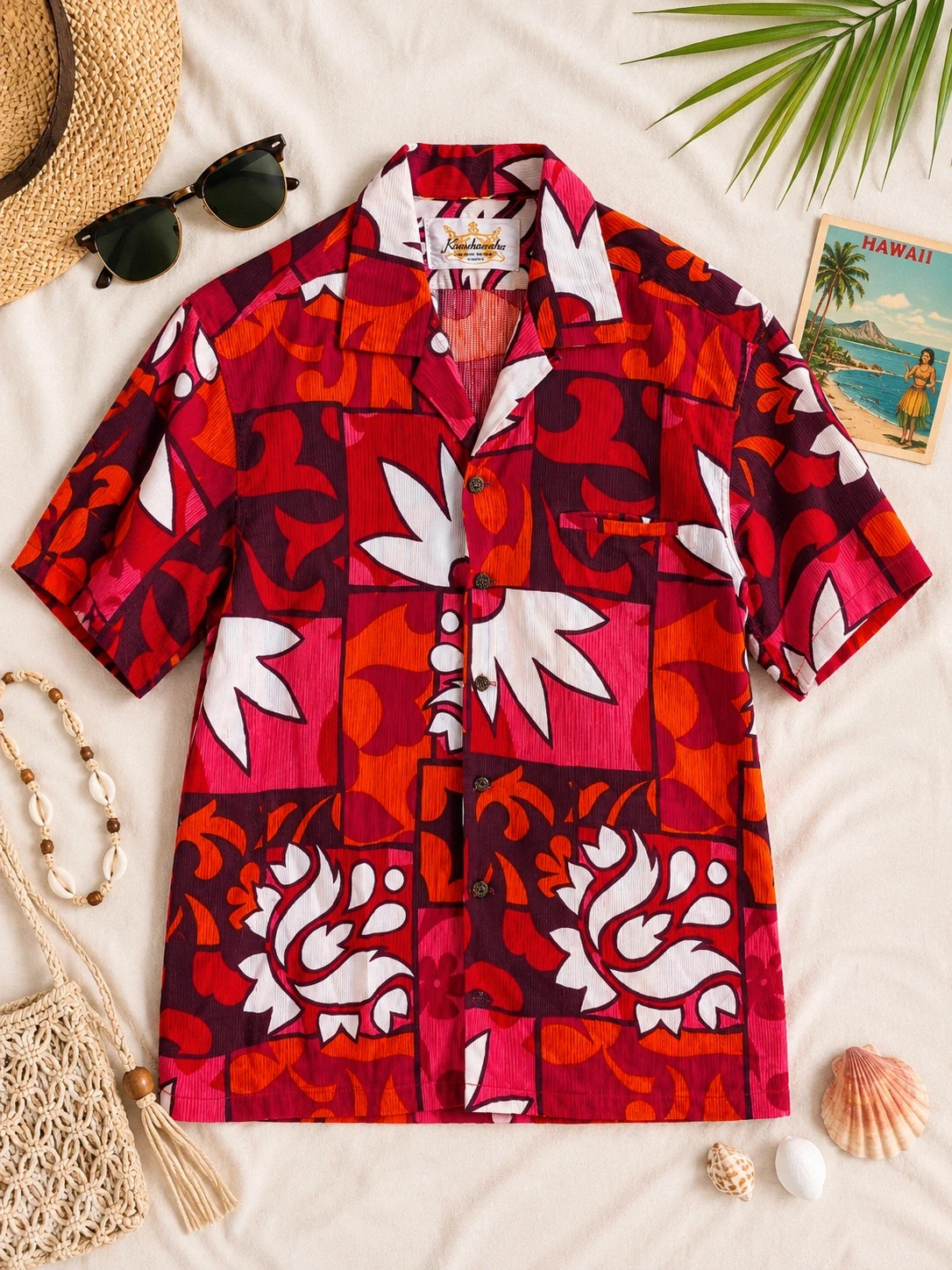 True Vintage 60's Kamehameha Hawaii Hawaiian Shirt Men's M Pink Orange Floral Made in Hawaii