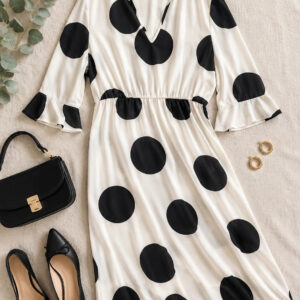 Wallis Petite Black & White Polka Dot Midi Dress UK 14 Retro Monochrome Tea Dress