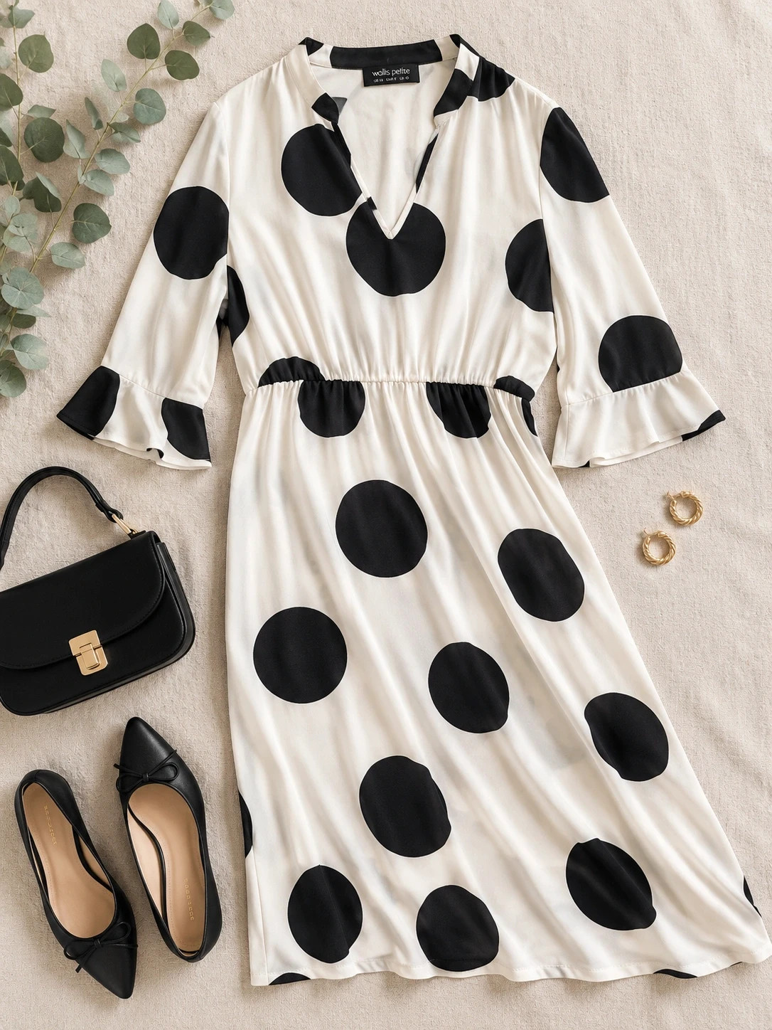 Wallis Petite Black & White Polka Dot Midi Dress UK 14 Retro Monochrome Tea Dress