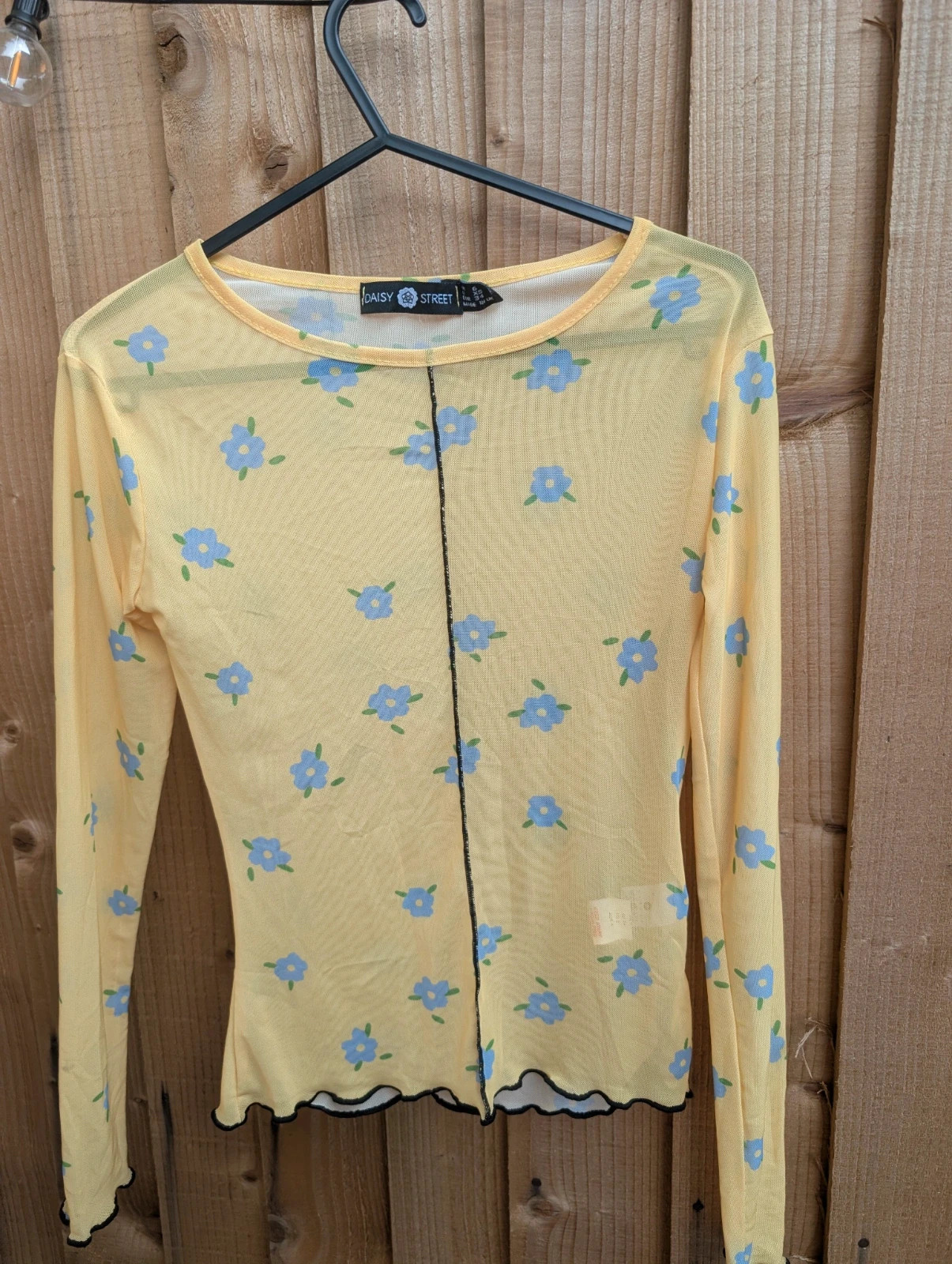 Daisy Street Yellow Floral Mesh Long Sleeve Top UK 6 Y2K 90s Sheer Lettuce Hem - Image 2