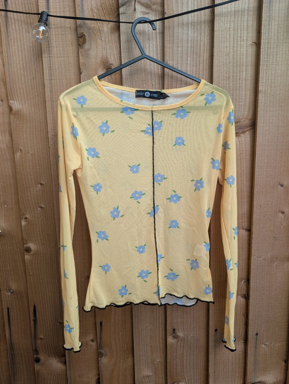 Daisy Street Yellow Floral Mesh Long Sleeve Top UK 6 Y2K 90s Sheer Lettuce Hem - Image 12