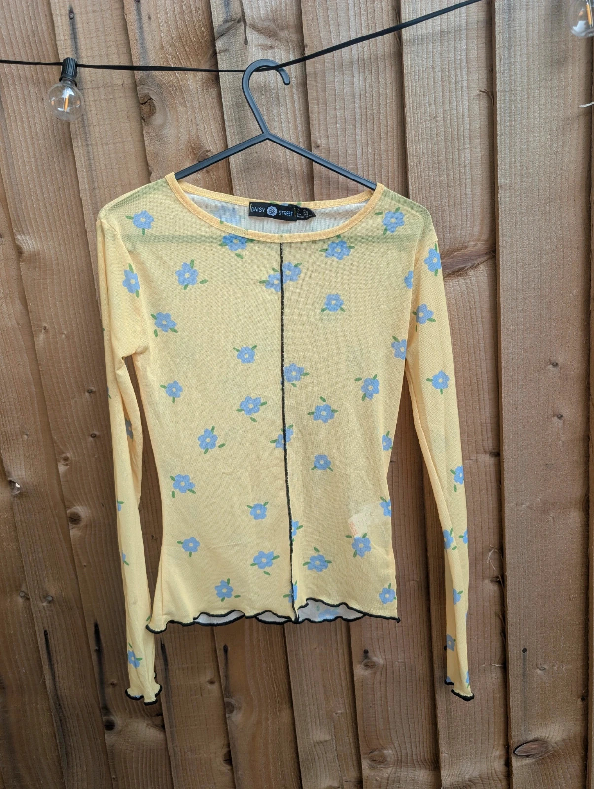 Daisy Street Yellow Floral Mesh Long Sleeve Top UK 6 Y2K 90s Sheer Lettuce Hem - Image 3