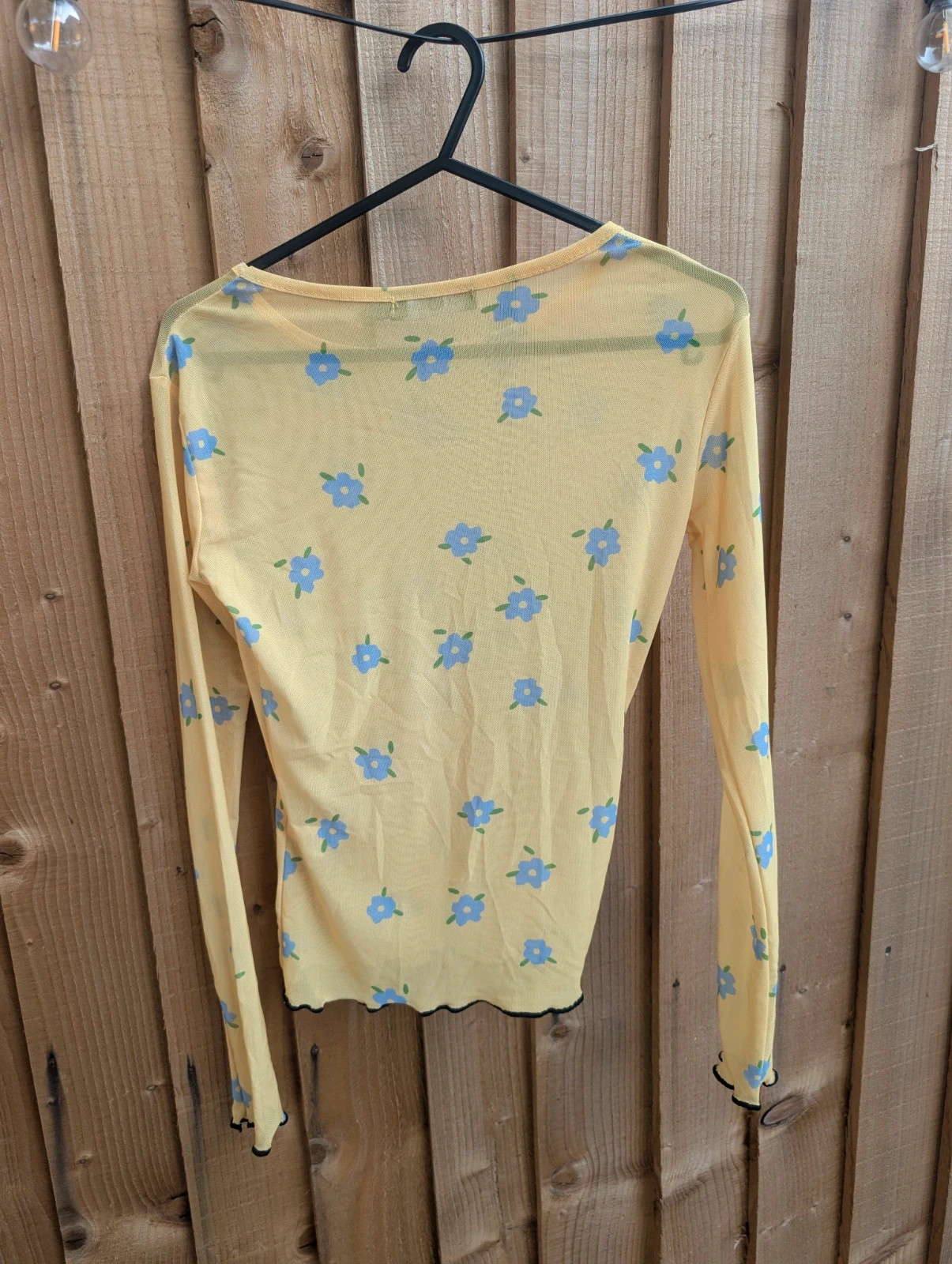 Daisy Street Yellow Floral Mesh Long Sleeve Top UK 6 Y2K 90s Sheer Lettuce Hem - Image 4