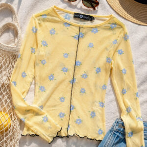 Daisy Street Yellow Floral Mesh Long Sleeve Top UK 6 Y2K 90s Sheer Lettuce Hem