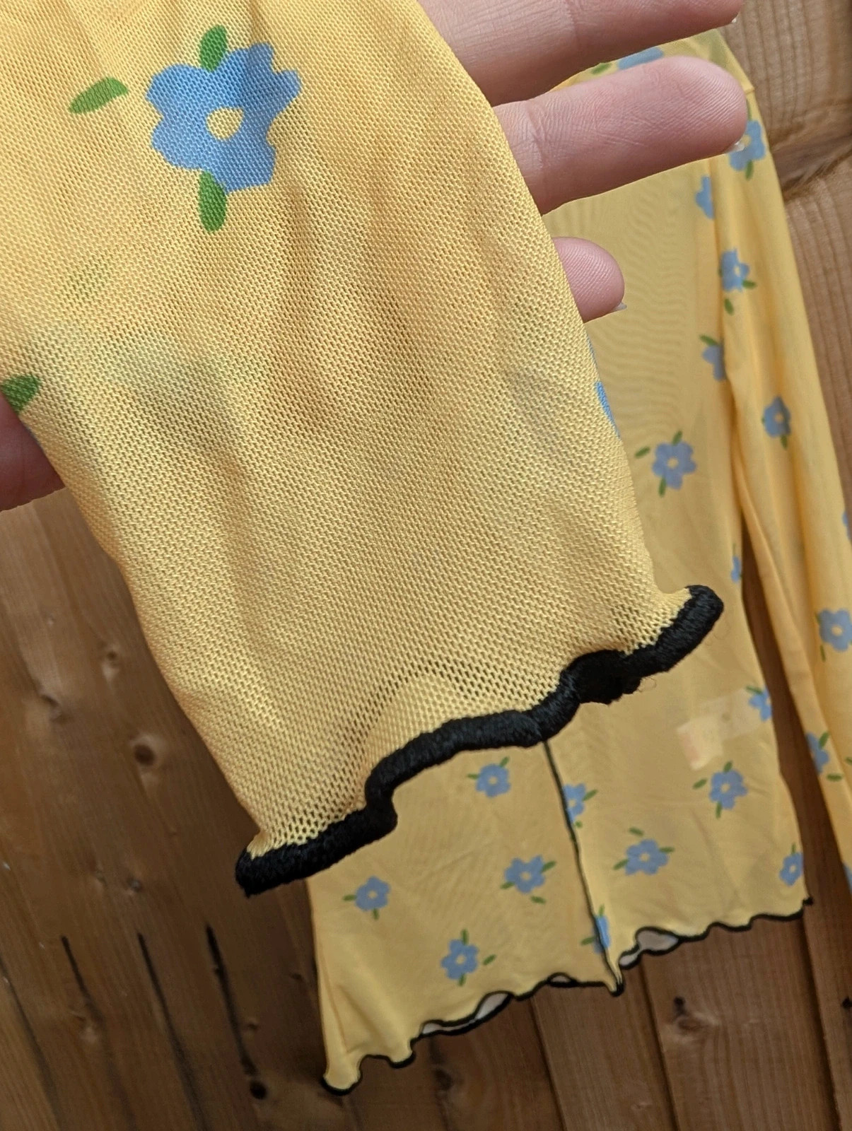 Daisy Street Yellow Floral Mesh Long Sleeve Top UK 6 Y2K 90s Sheer Lettuce Hem - Image 5