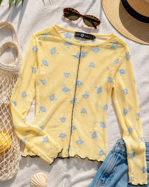 Daisy Street Yellow Floral Mesh Long Sleeve Top UK 6 Y2K 90s Sheer Lettuce Hem