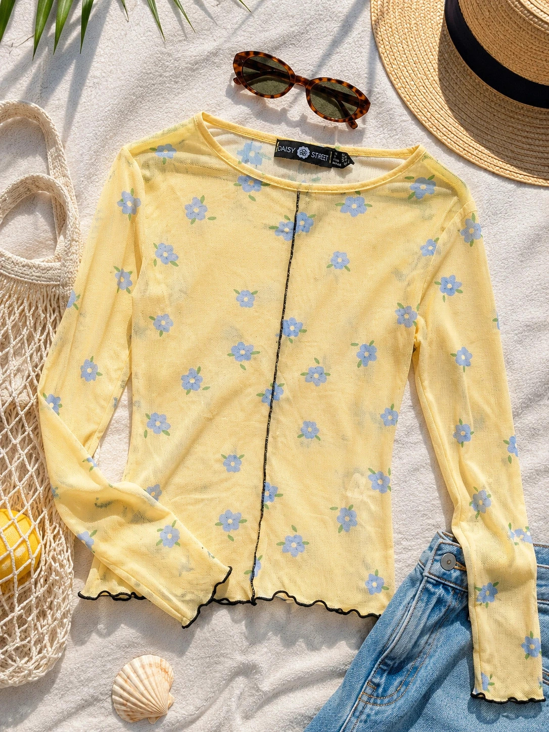 Daisy Street Yellow Floral Mesh Long Sleeve Top UK 6 Y2K 90s Sheer Lettuce Hem