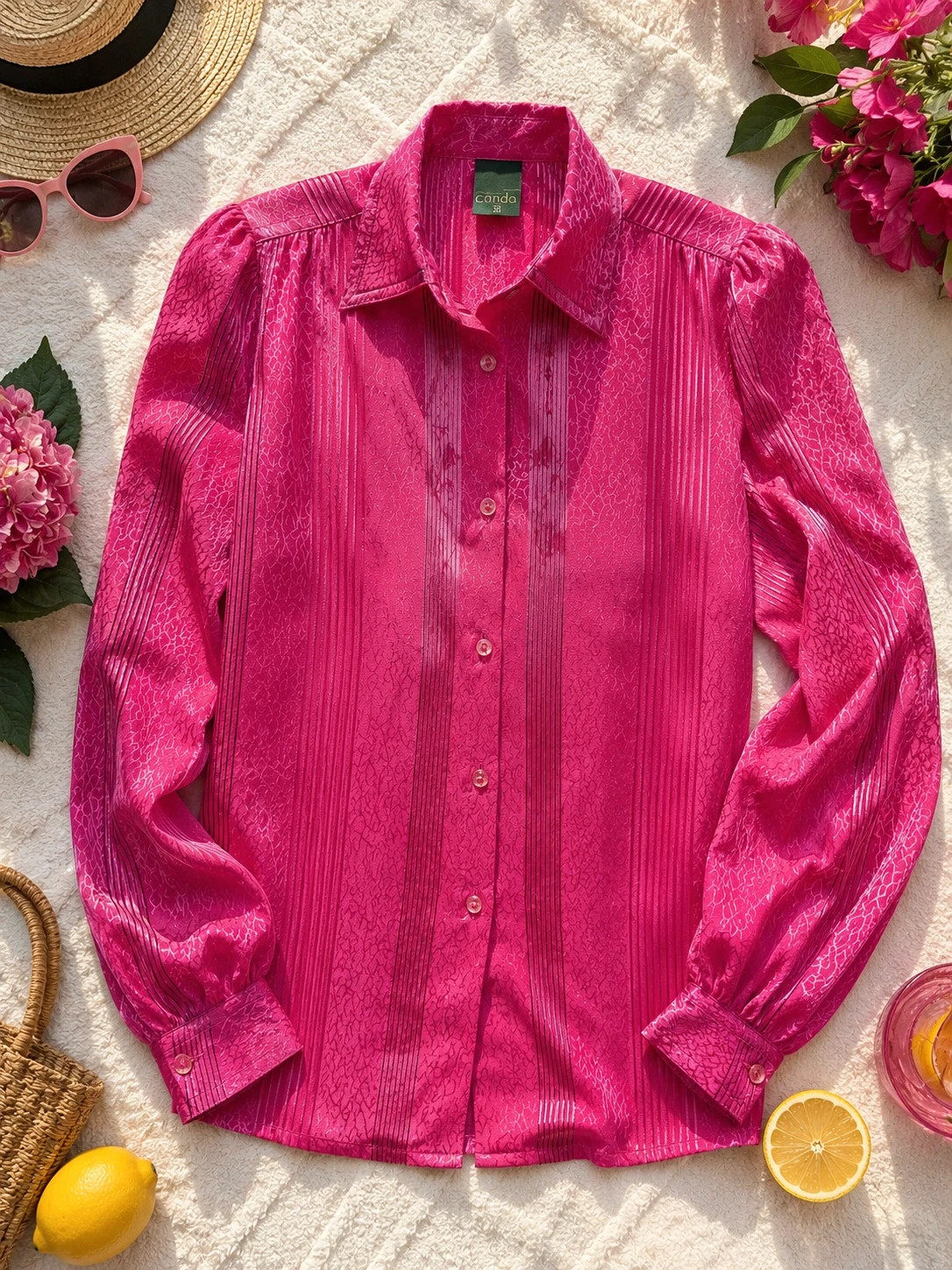 Vintage 80s Canda Hot Pink Jacquard Blouse Balloon Sleeve Size 38 UK 12–14 - Image 2
