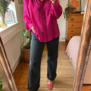Vintage 80s Canda Hot Pink Jacquard Blouse Balloon Sleeve Size 38 UK 12–14