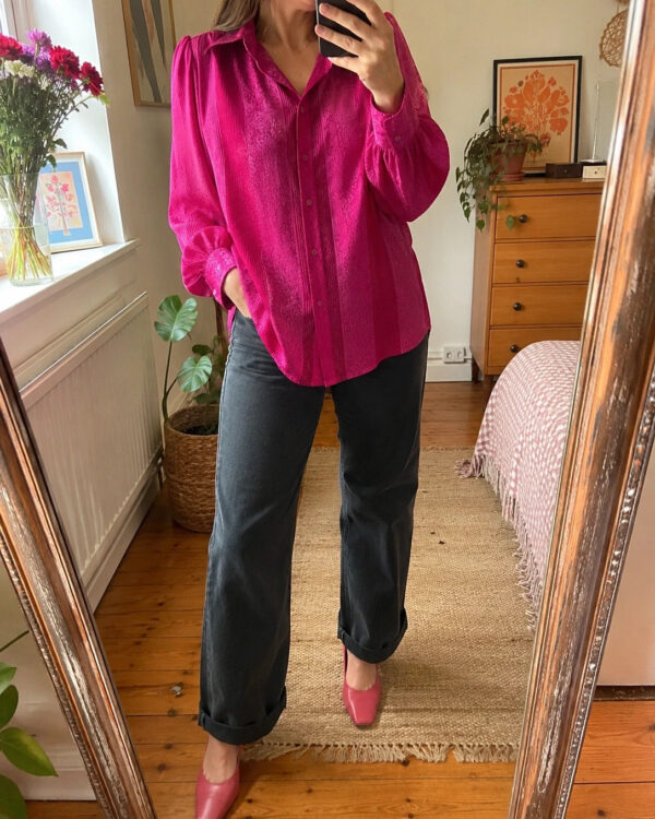 Vintage 80s Canda Hot Pink Jacquard Blouse Balloon Sleeve Size 38 UK 12–14