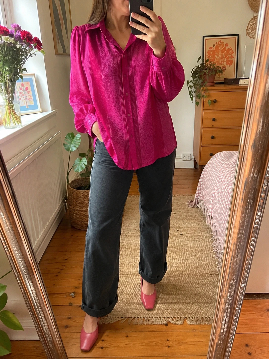 Vintage 80s Canda Hot Pink Jacquard Blouse Balloon Sleeve Size 38 UK 12–14
