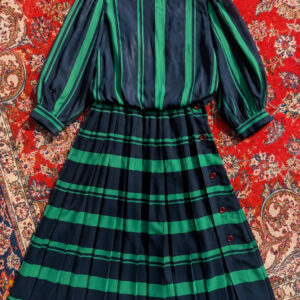 Veillon Vintage 1980s Navy & Emerald Green Striped Pleated Midi Dress UK 10 38