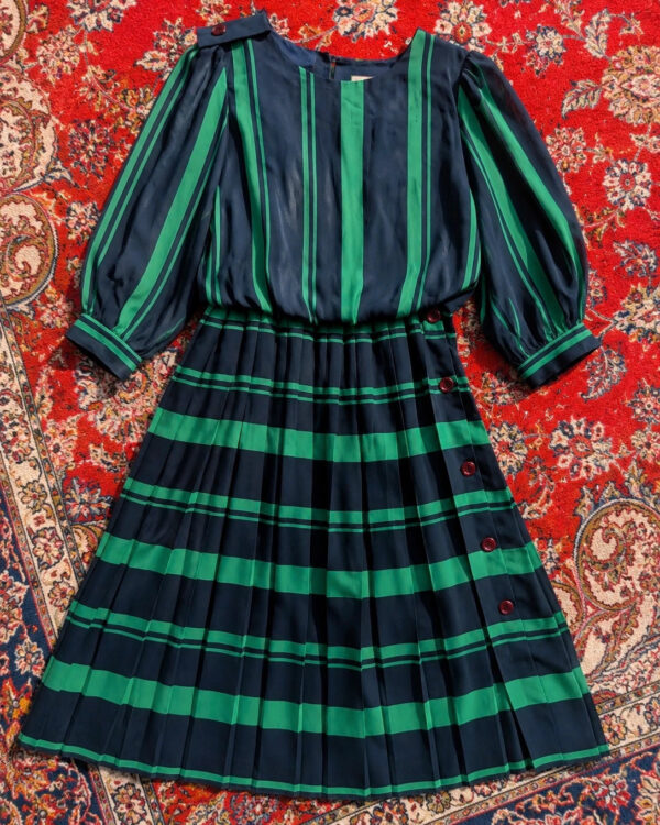 Veillon Vintage 1980s Navy & Emerald Green Striped Pleated Midi Dress UK 10 38