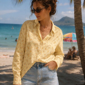 Lady Arrow 1970s Yellow Paisley Polyester Blouse Long Sleeve UK 14