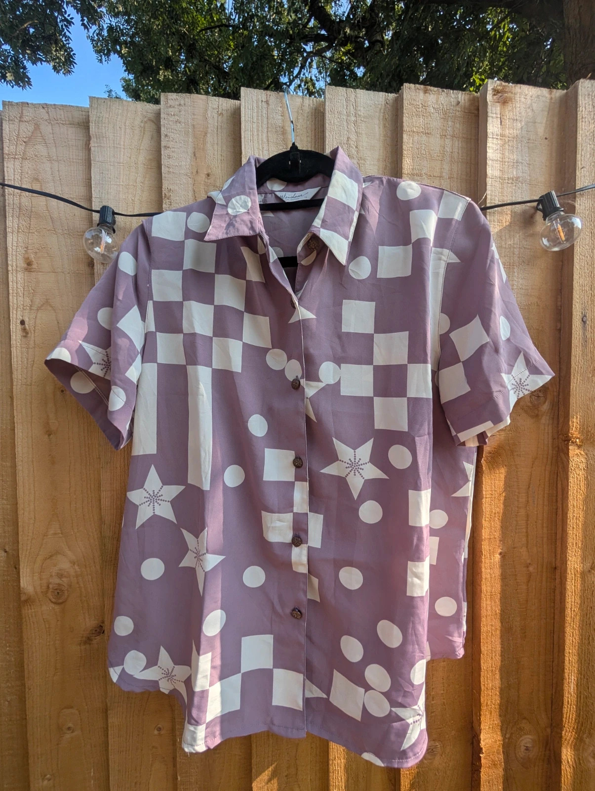 Vintage 80s Lilac Geometric Print Short Sleeve Blouse UK 16 - Image 2