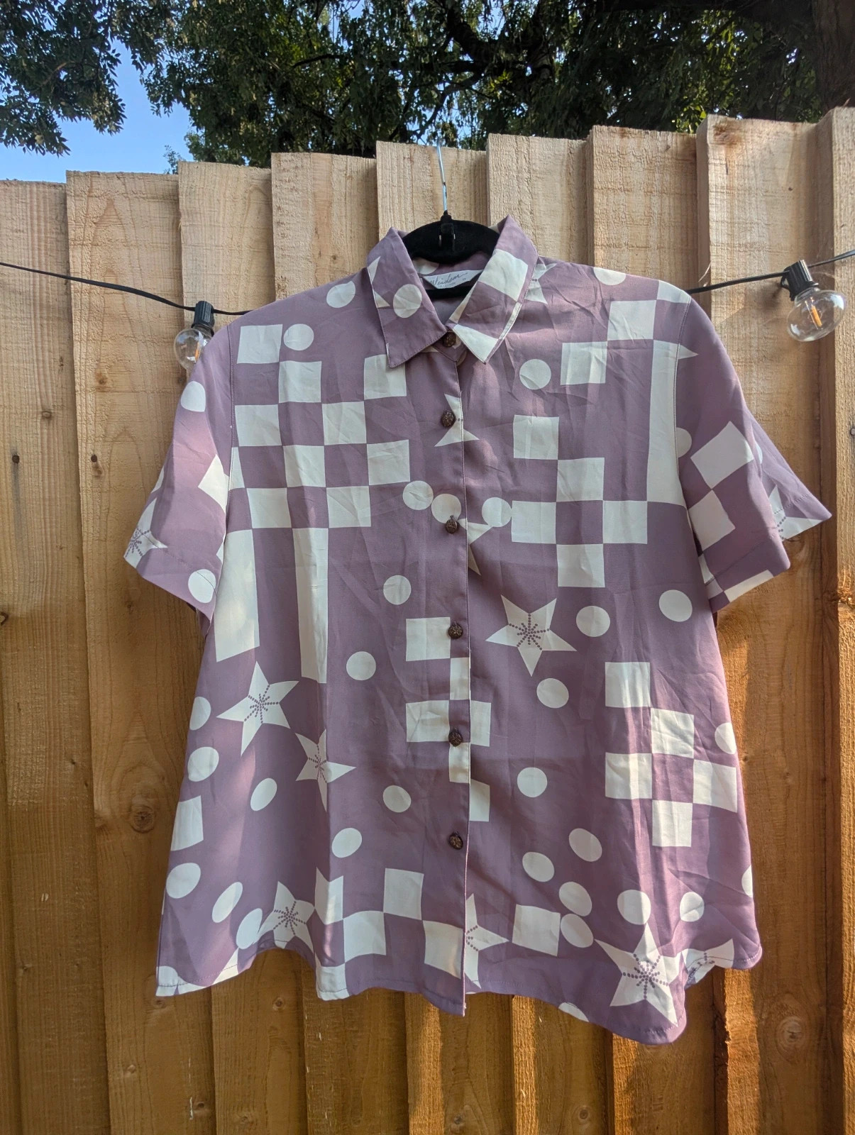 Vintage 80s Lilac Geometric Print Short Sleeve Blouse UK 16 - Image 3