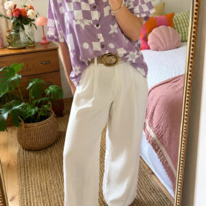 Vintage 80s Lilac Geometric Print Short Sleeve Blouse UK 16