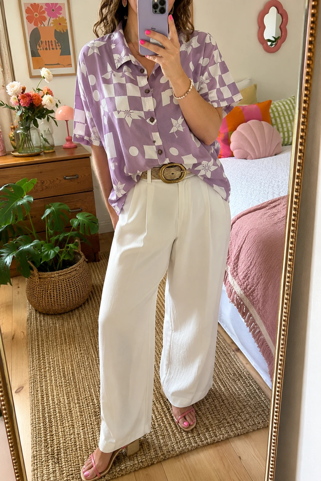 Vintage 80s Lilac Geometric Print Short Sleeve Blouse UK 16
