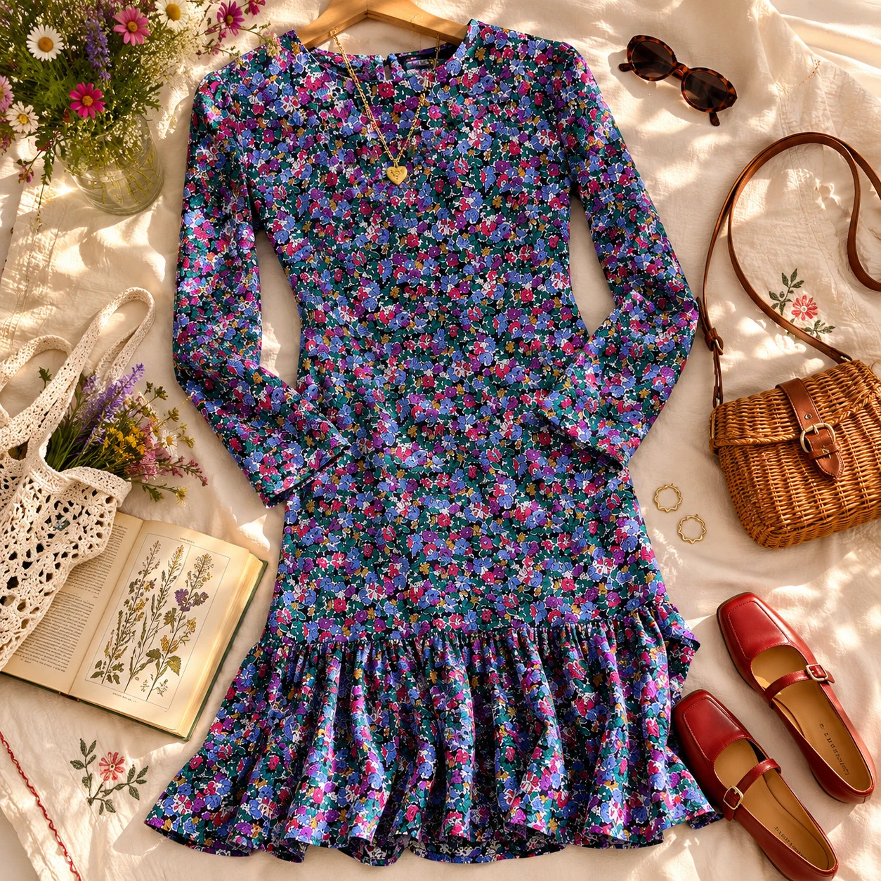 St Michael Vintage Floral Midi Dress UK 12 Long 80s 90s Cottagecore Drop Waist Tea Dress