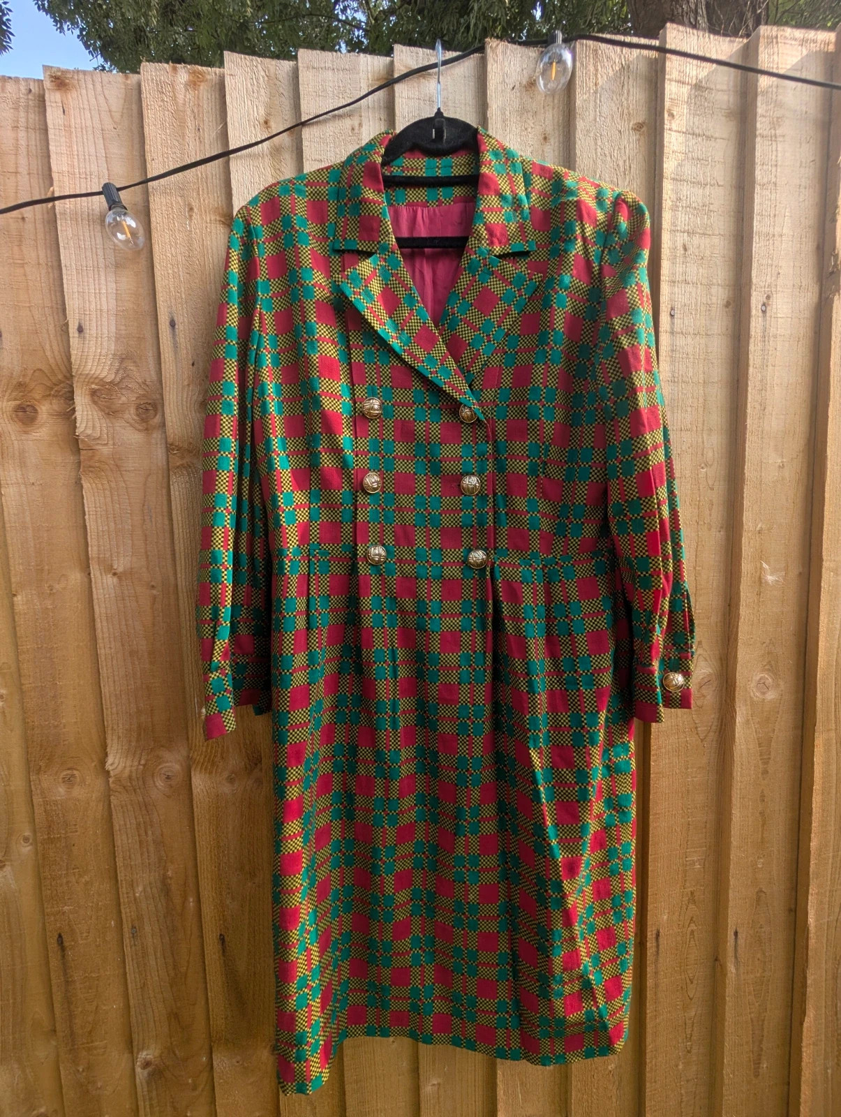 Vintage 80s Colourful Check Double-Breasted Coat Dress Gold Buttons Size 14 - Image 2