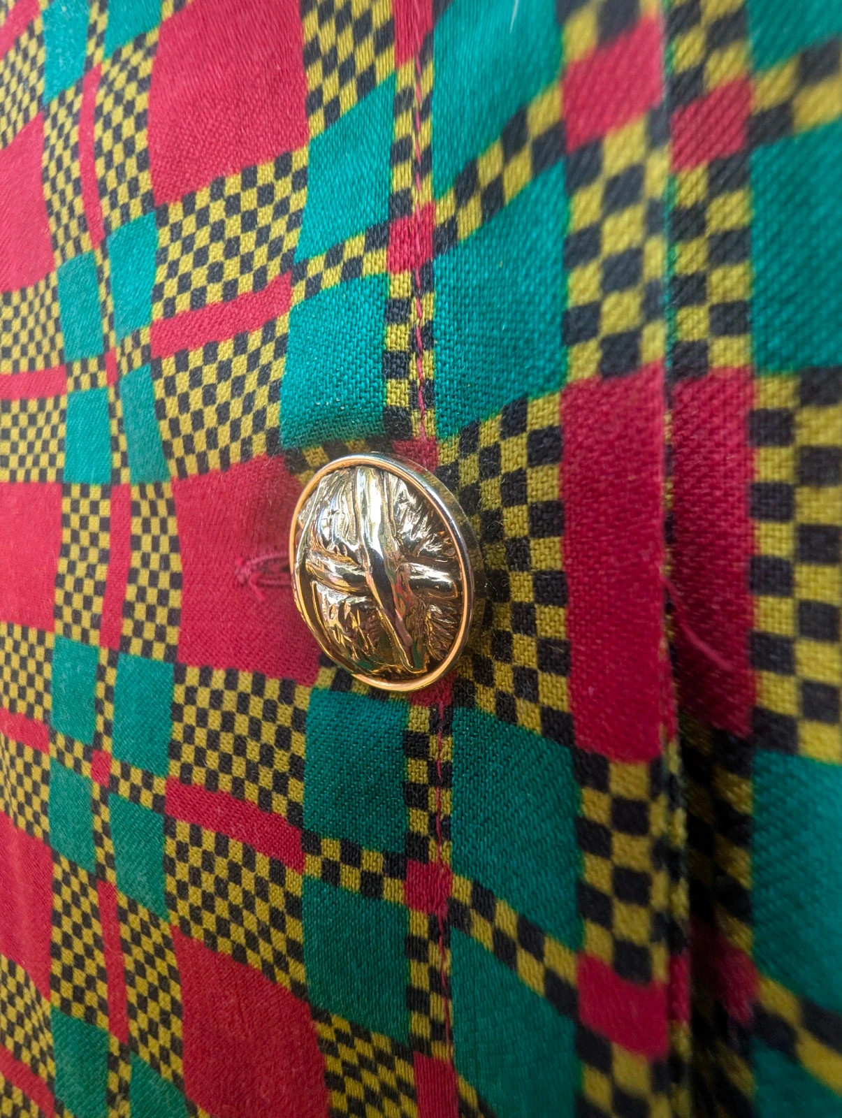 Vintage 80s Colourful Check Double-Breasted Coat Dress Gold Buttons Size 14 - Image 4