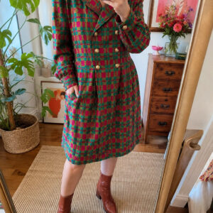 Vintage 80s Colourful Check Double-Breasted Coat Dress Gold Buttons Size 14