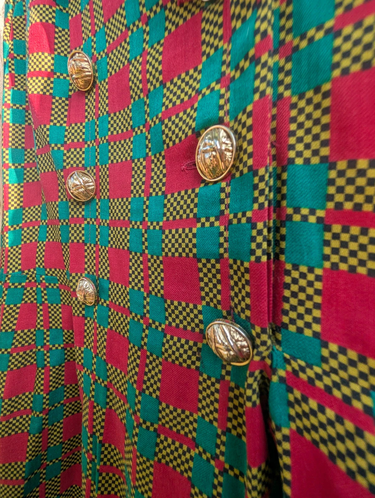 Vintage 80s Colourful Check Double-Breasted Coat Dress Gold Buttons Size 14 - Image 5