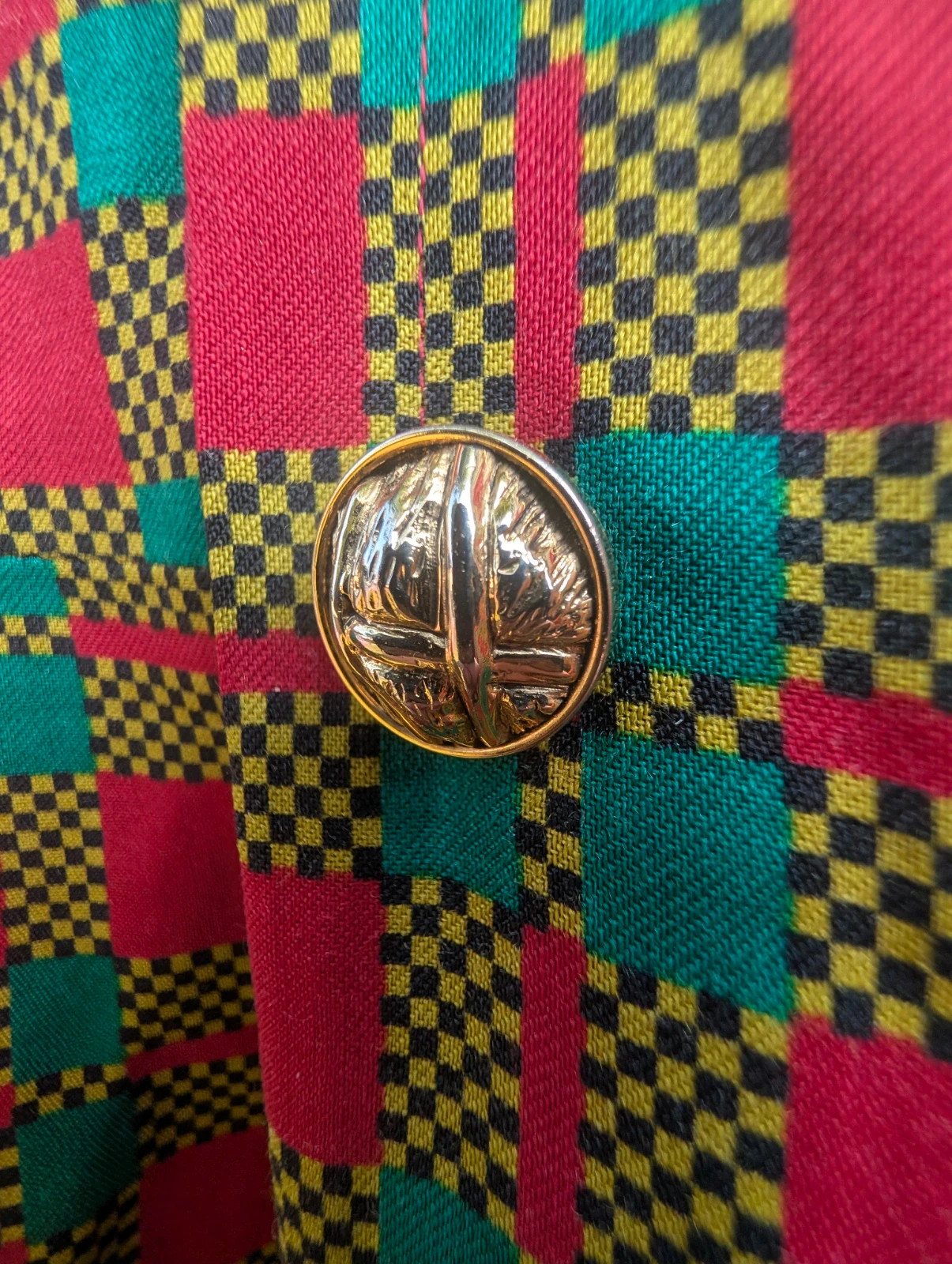 Vintage 80s Colourful Check Double-Breasted Coat Dress Gold Buttons Size 14 - Image 6