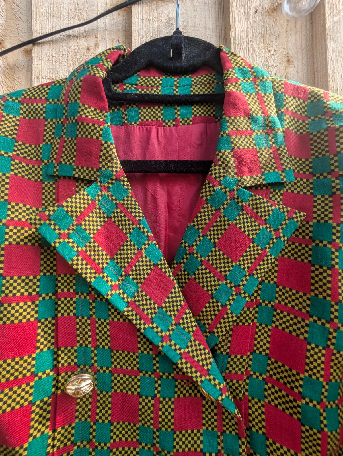 Vintage 80s Colourful Check Double-Breasted Coat Dress Gold Buttons Size 14 - Image 8