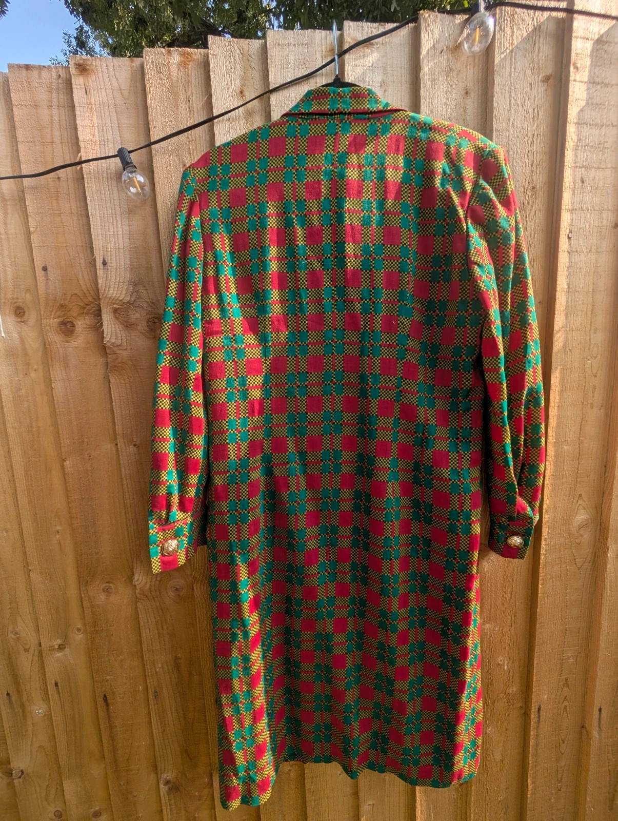 Vintage 80s Colourful Check Double-Breasted Coat Dress Gold Buttons Size 14 - Image 9