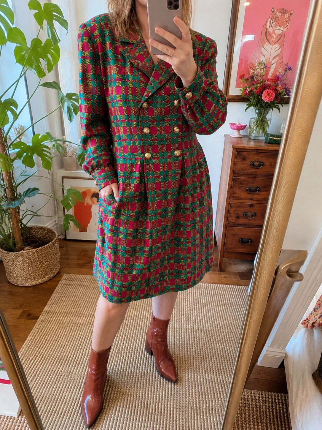 Vintage 80s Colourful Check Double-Breasted Coat Dress Gold Buttons Size 14