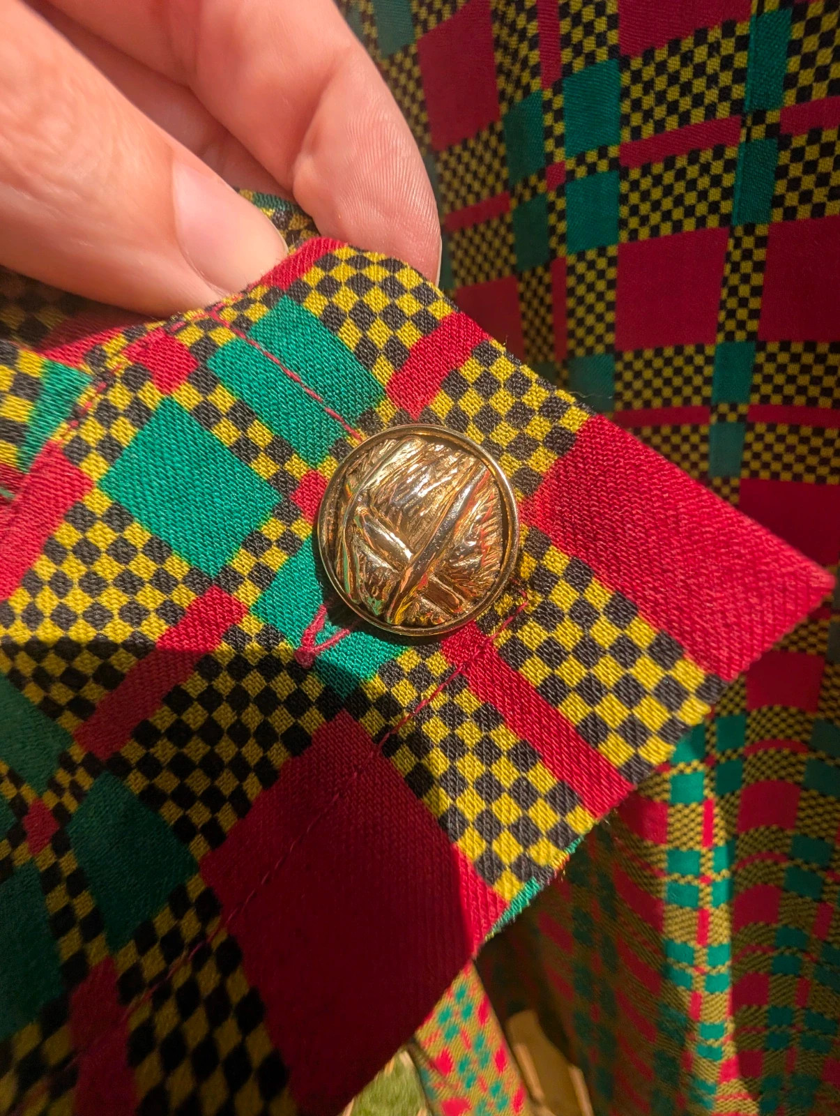 Vintage 80s Colourful Check Double-Breasted Coat Dress Gold Buttons Size 14 - Image 11