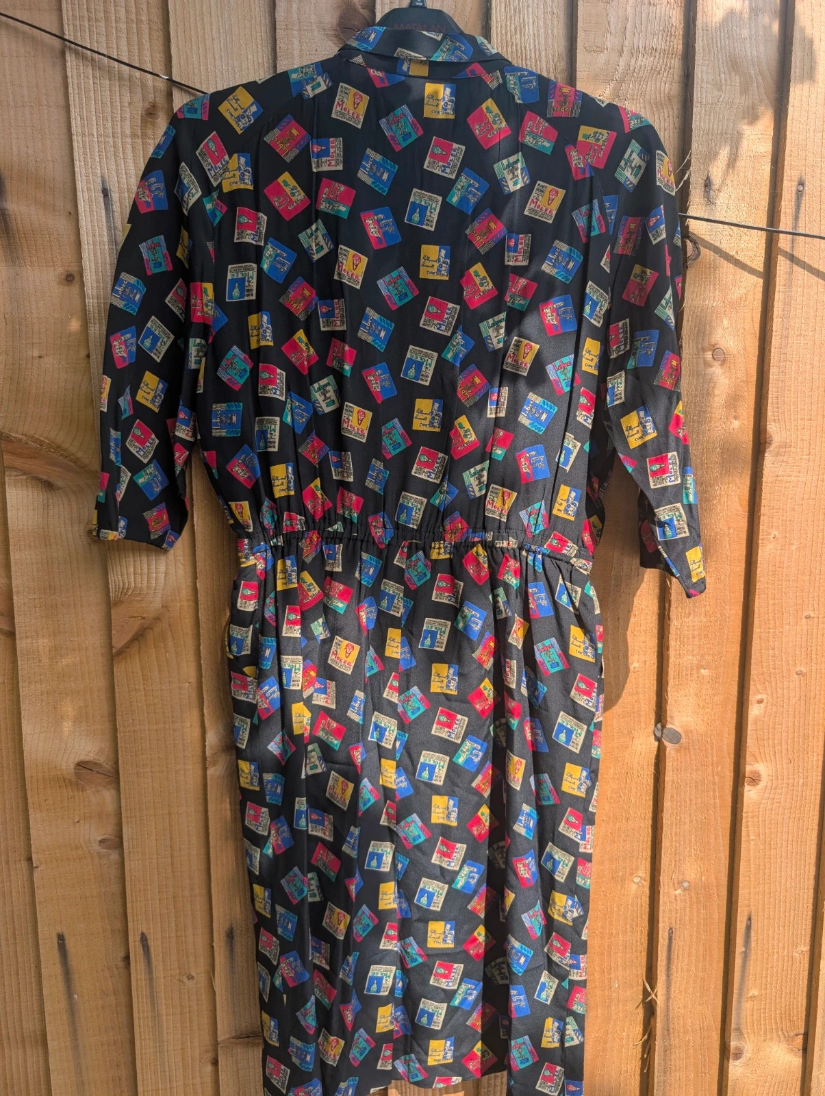 Ina Lima Vintage 80s 90s Black Postcard Print Midi Dress UK 12-14 Novelty Travel Shirt Dress - Image 11